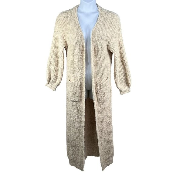 Hers & Mine Womens S Fuzzy Soft Long Maxi Beige Loose Knit Open Cardigan Pocket - Picture 1 of 15